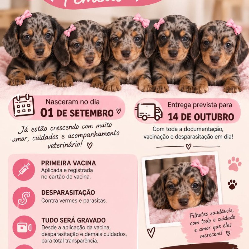 🐾 Dachshund (Salsicha) Fêmea — Arlequim 🐾  Linda filhotinha na coloração arlequim, com pelagem mesclada em tons escuros e claros, além das delicadas marcações canela. 🤎🖤  🎀 Fêmea 📅 Nascida em 01/09 💰 R$ 3.000 🏡 Entrega prevista para 14/10 💉 Entregue com primeira vacina, desparasitação e cartão de va